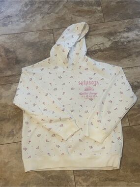 Ocean Drive Cream Floral Hoodie with Pink Script